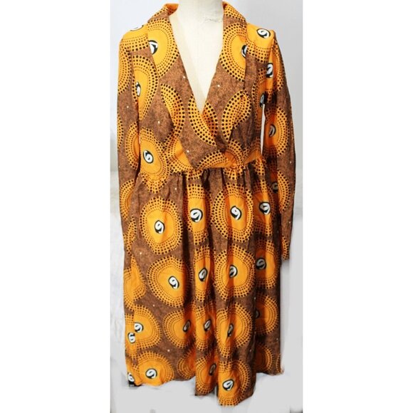 Retro Brown Orange V Neck Dress Long Sleeves Women L Dot Pattern 70s Mod Inspire - Picture 1 of 11